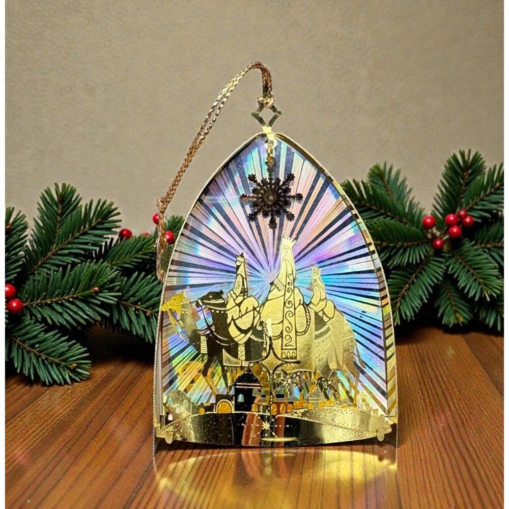 Gold Tone Nativity Christmas Ornament Three Magi Scene Rainbow Holographic